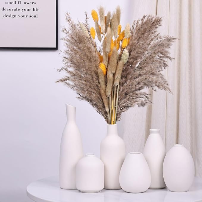 White Ceramic Vase Set of 6, Modern Boho Vases for Dry Flowers, Small White Vases for Decor, White Small Vases for Centerpieces in Bulk, Mini Small Flower Vases for Wedding Home Table Party Decor