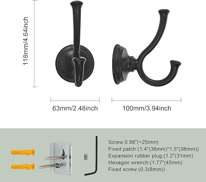 TUNNY Towel Hook Bathroom-2 Pack Matte Black Double Robe/Towel Hook Wall Mounted Hook for Bathroom Bedroom Kitchen