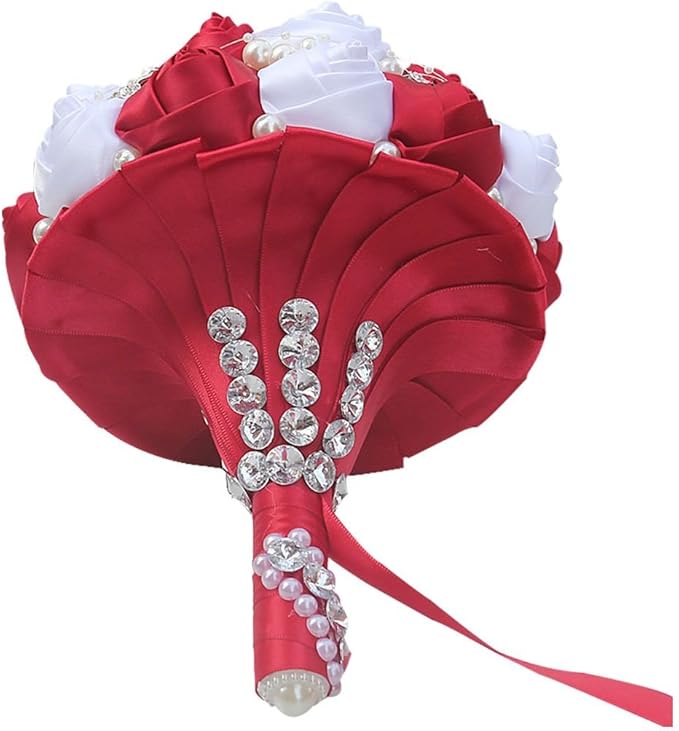 S_SSOY Customizable Romantic Wedding Bouquets Silk Flowers Bridal Holding Roses Bride Bridesmaid Brooch Bouquet with Pearl Diamond Crystal Ribbon Valentine's Day Free Corsage (Wine Red+White)