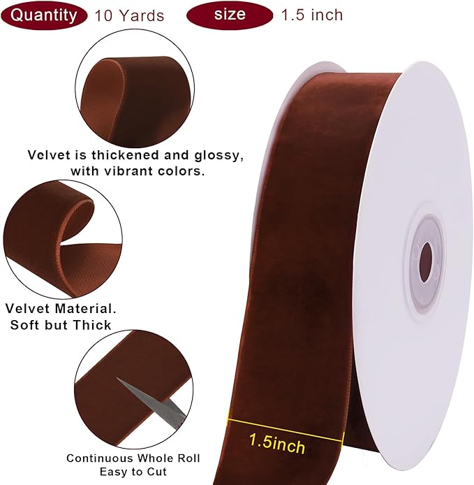 10 Yards Brown Velvet Ribbon 1 1/2 Inch for Christmas Tree,Dark Brown Velvet Christmas Ribbon for Gift Wrapping Crafts Bow Wreath Holiday Decorations (Dark Brown)