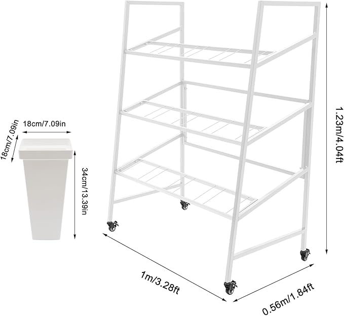 3-Layers Flower Display Stand Metal Plant Holder with 12PCS Buckets Moving Plant Cart Shelf Flower Shelf for Florist Garden Patio,3.28 * 1.84 * 4.04ft (White Frame With White Buckets)