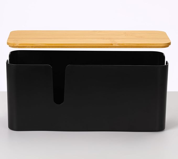 ZhiYo Bamboo Lid Cord Organizer Box, Safe ABS Cable Management Box for TV and Computer, Wood Cover Cord Hider to Hide Wires, Router, USB Hub & Under Desk Power Strip, 1 Pack L13.1 xW5.6 xH5.6 Black