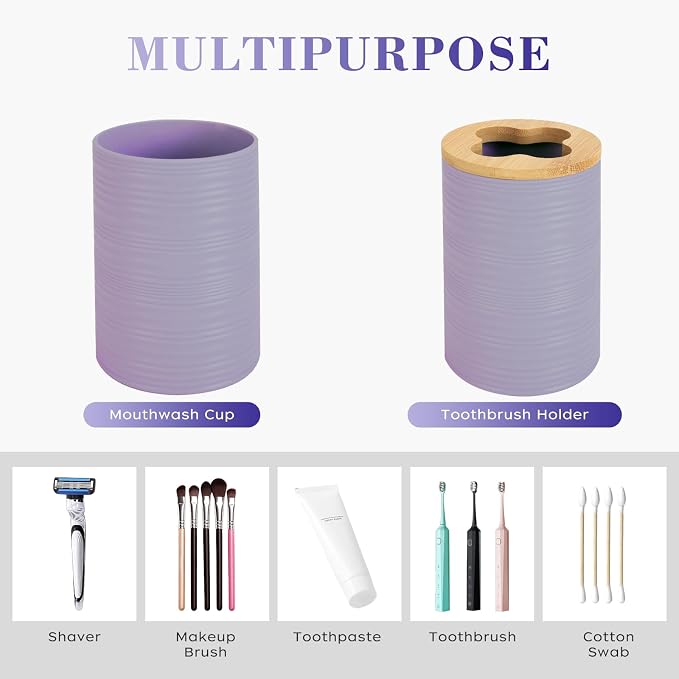 4 PCS Lavender Bathroom Accessories Set, Includes a Soap Dispenser, Toothbrush Holder, Soap Dish and Mouthwash Cup, Plastics & Bamboo Bathroom Set, Bohemian Style Bathroom Sink Set