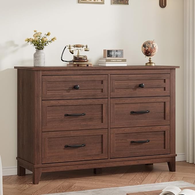 GarveeHome 6 Dresser for Bedroom, 47 in Wide Drawer Dresser with Storage Freestanding, Wooden Closet Storage Chest for Living Room, Bedroom, Entryway, Walunt