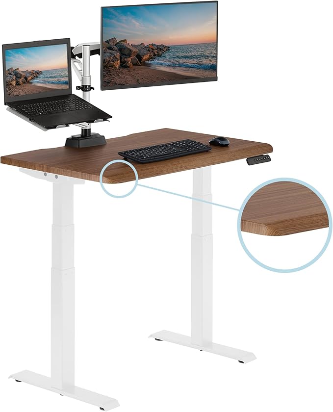 Vari ComfortEdge Electric Height Adjustable Standing Desk - 40x26 Varidesk Sit-Stand Desk for Home Office, Sloped Ergonomic Front Edge, Stable Legs, Easy Assembly, 2 Boxes - Walnut Top/White Legs