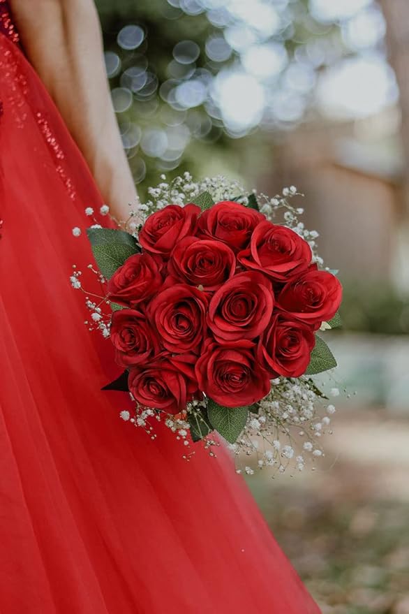 Artificial Rose Flower Artificial Flowers Flower with Long Stem Silk Roses Bouquet for Wedding Bridal Shower Party Home Decoration (Red, 12 Pcs)