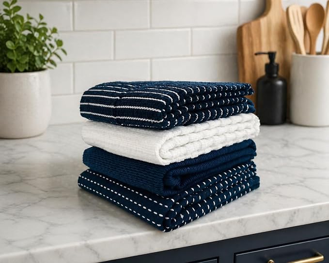 Serafina Home Navy Blue Kitchen Towels: 100% Cotton Soft Absorbent Assortment Ribbed Terry Loop, Set of 4 Multipurpose for Everyday Use (Navy Blue)