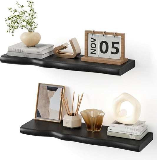 Solid Wood Live Edge Floating Shelves Set of 2 – 24" Rustic Wall Shelf with Hidden Bracket System, Wall Mounted Shelves for Bathroom, Kitchen, Living Room, Bedroom (Black)