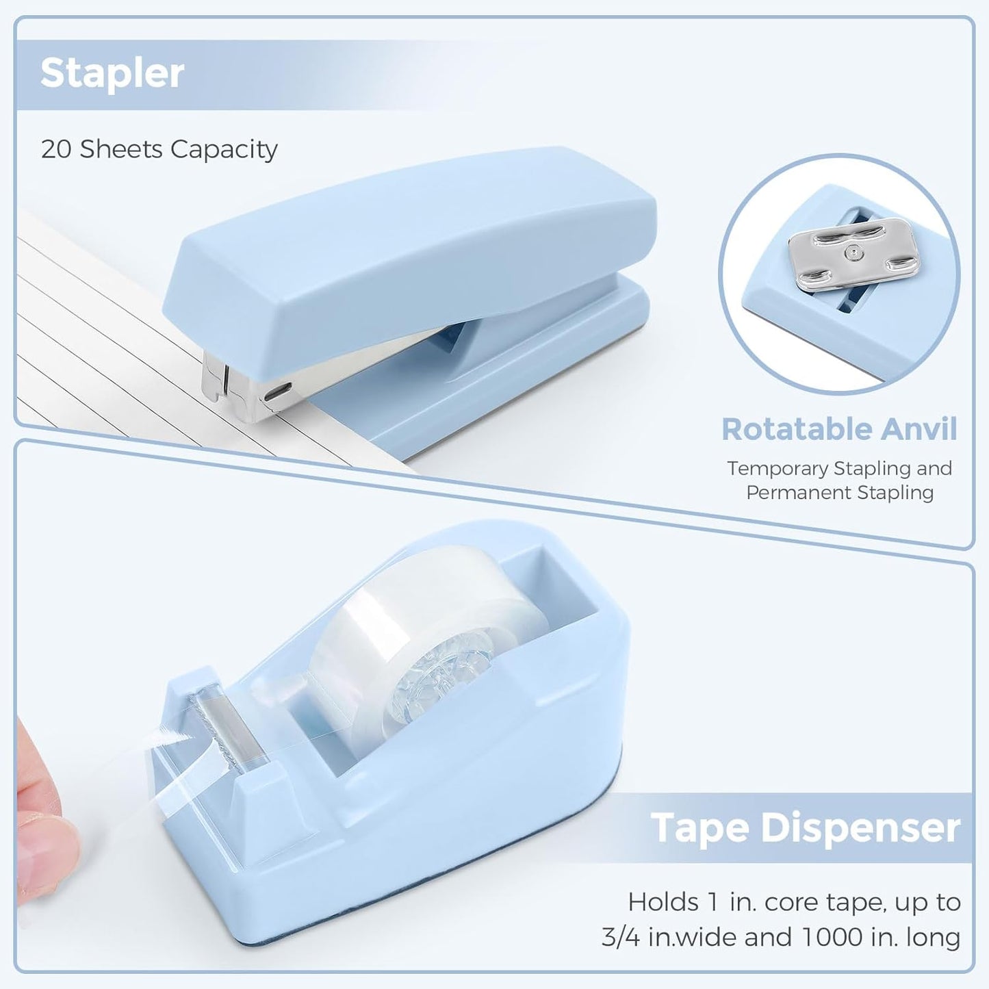 SKYDUE Office Supplies Set - Blue Mesh Desk Organizer with Stapler, Tape Dispenser & Scissors | 1000 Staples Included