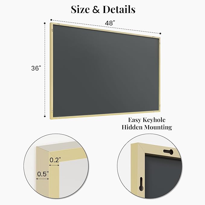 48"x36" Gold Landscape Bathroom Mirror for 48-60 inch Vanity, Shatterproof Tempered Glass, Narrow Metal Frame, Ultra-Flush Mount