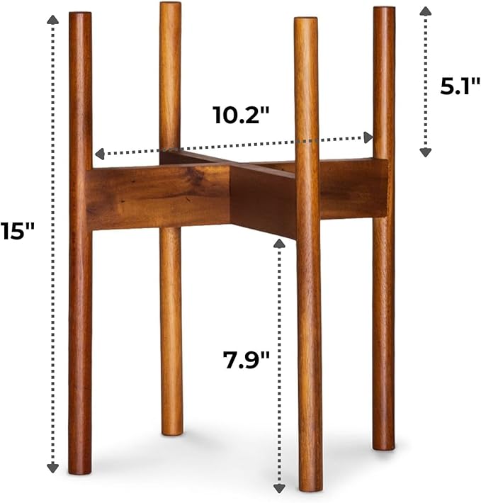 Fox & Fern Mid Century Plant Stand — 10 Inch Fixed Size Wooden Plant Stand for Indoor Planters (Not Included) - Raised Flower Pot Holder for Indoors - Plug In Design - Two Height Options - Acacia