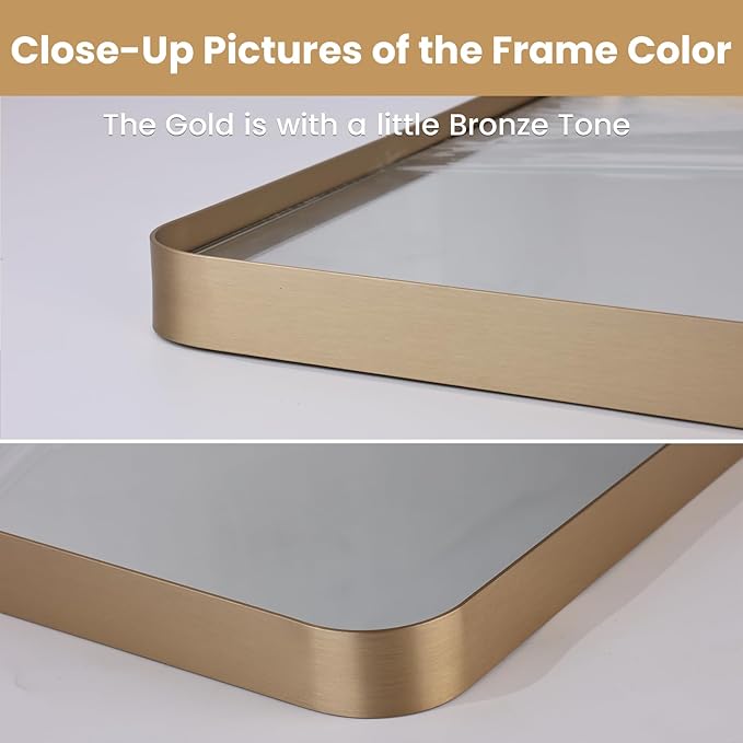 LOAAO 40”X30” Gold Bathroom Mirror, Rounded Rectangle Gold Frame Mirror, Brushed Gold Bathroom Vanity Mirror Wall-Mounted, Anti-Rust, Tempered Glass, Hangs Horizontally or Vertically