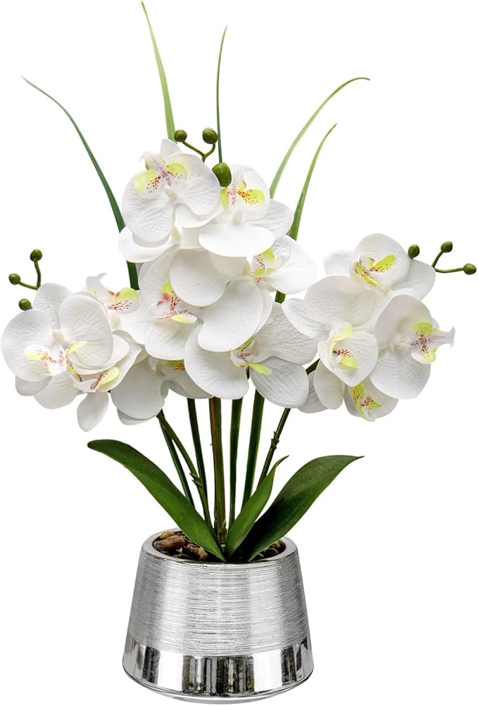 Oairse Artificial White Phalaenopsis Orchid Flower Arrangements Faux Orchid Flower in Silver Pot Orchid Centerpiece for Dining Room Table