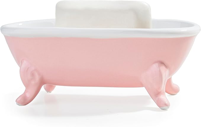 6.7" Ceramic Mini Clawfoot Bathtub Bar Soap Dish, Decorative Bar Soap Holder, Soap Tray Sponge Holder for Shower, Bathroom & Kitchen Sink (Pink)