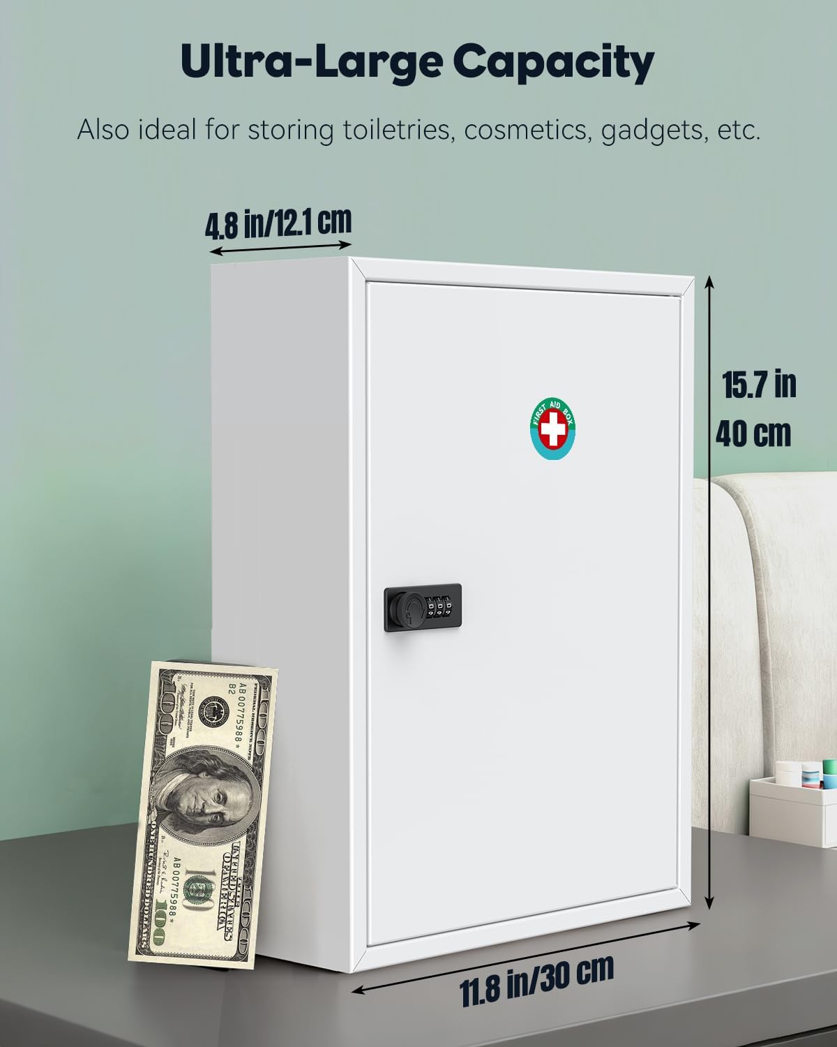 Uniclife Wall Mount Medicine Cabinet - Locking First Aid Organizer with Combination Lock | Large White Steel Storage Box