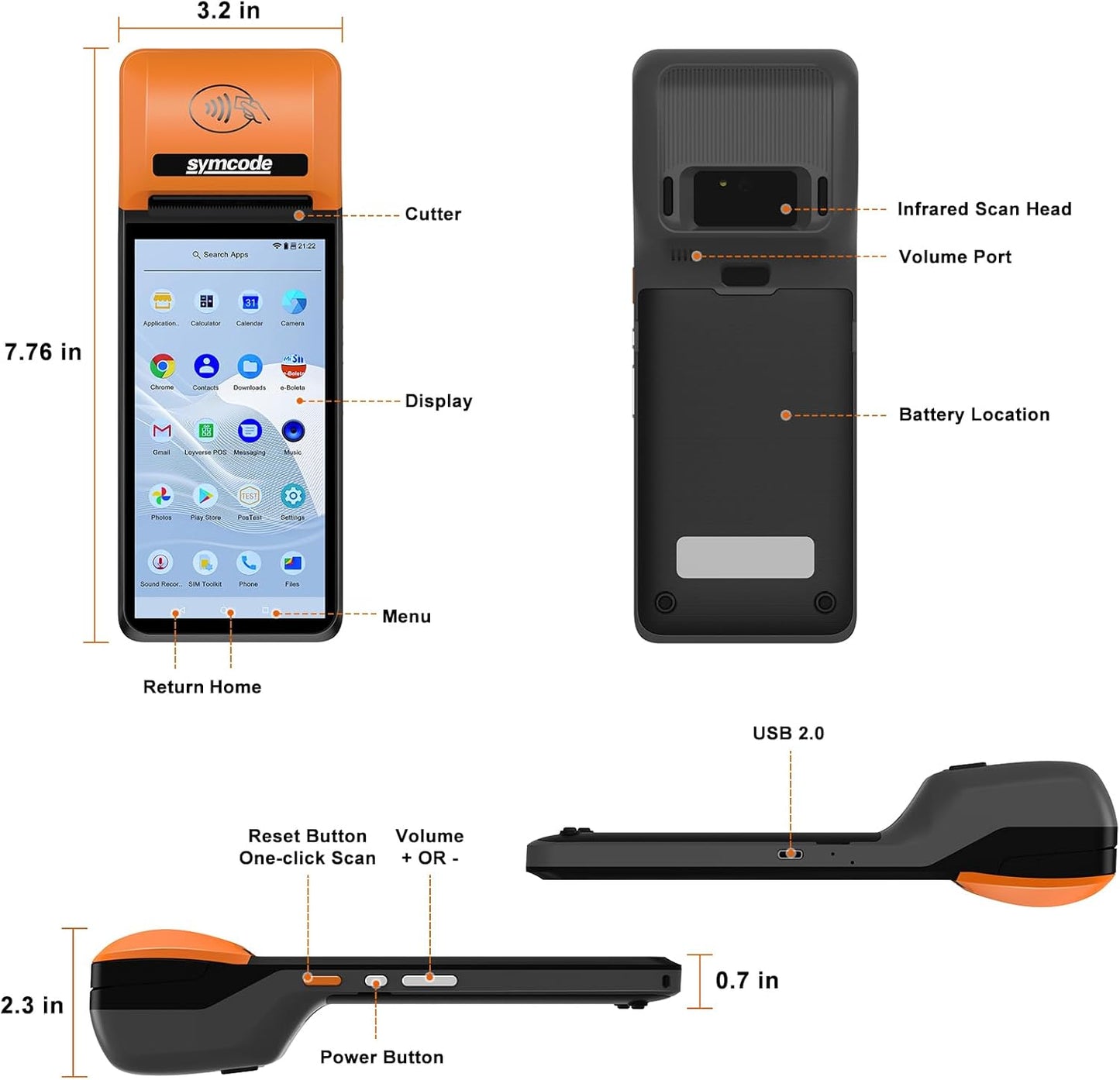 Symcode Mobile POS Terminal - High-Resolution Handheld Receipt Printer | Android 8.1, 4G, WiFi, Bluetooth, NFC