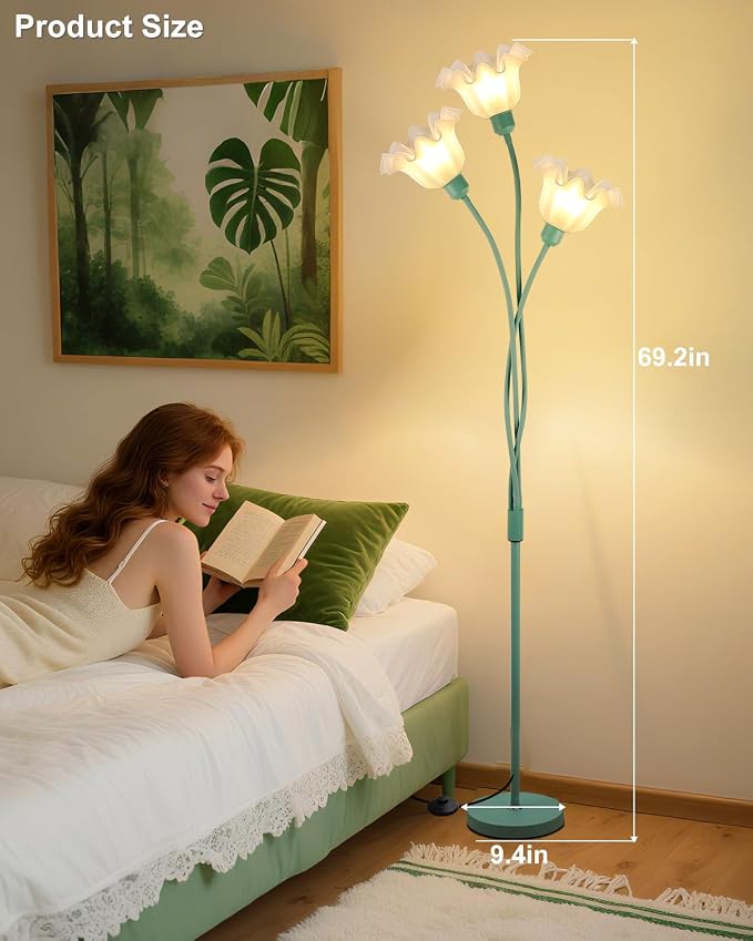 Flower Floor Lamp for Living Room, Modern Tree Floor Lamp with Adjustable Heads, 3 Light 3000K Soft Warmwhite Mid Century Standing Tall Lamp with 5Lbs Heavy Base for Bedroom Kids Room-Green