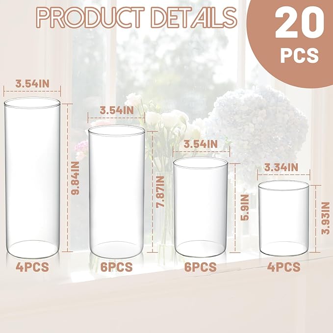 20pcs Cylinder Vases for Centerpieces - Glass Vases for Flowers with 4 Different Sizes, Modern Floating Candle Vases Formal Dinners Home Decor 4, 6, 8, 10 Inches in Height