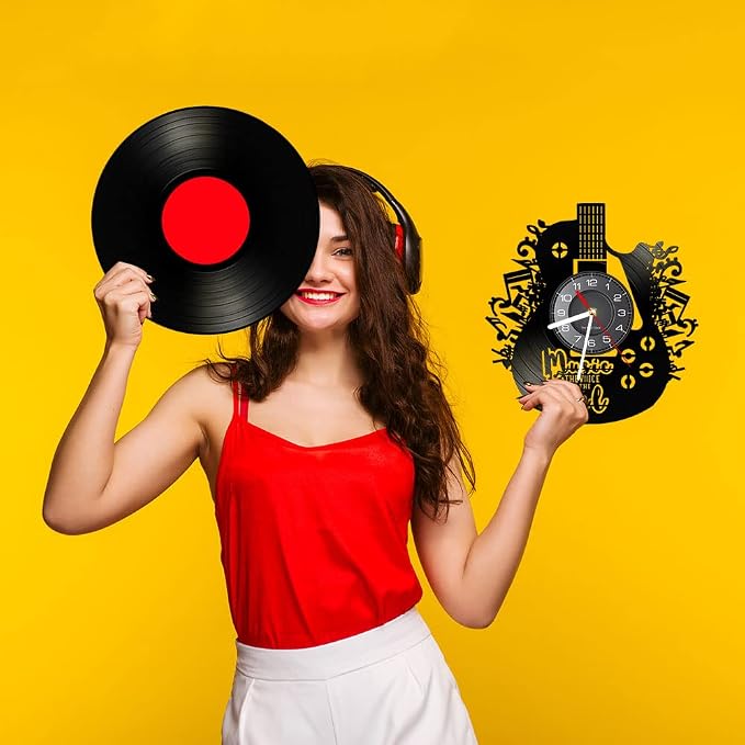 12 Inches Guitar Unique Music Vinyl Record Wall Clock Battery Operated Silent Quartz Non-Ticking, Rock n Roll Hanging Wall Clock Watch Music Gift for Rock Band Singer Idol Man Cave Bedroom