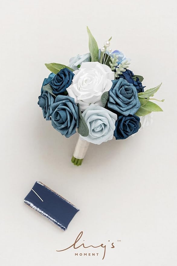 Ling's moment Artificial Flowers Navy Blue Bridesmaid Bouquet, Blue & White Wedding Flowers Bouquets for Bridesmaids, 7 Inch Bridal Bouquets for Bridesmaids, Wedding, Ceremony, Anniversary, etc