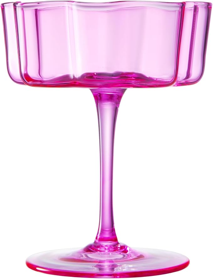 Flower Scalloped Vintage Wavy Petals Wave Glass Coupes 7oz Colorful Martini, Champagne & Cocktails, 2 Pink & Blush Set Amber Rippled Champagne Glasses, Elegant Bar Glassware, Aesthetic Coupe Glassware