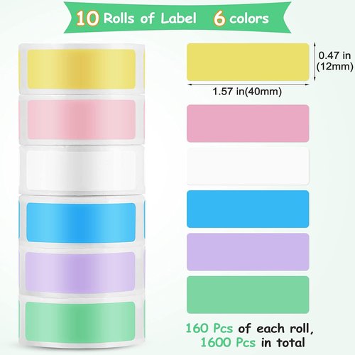 Gersoniel 1600 Pcs Label Tapes - Compatible D30 Label Printer Laminated Stickers | Multicolor Thermal Labels for Home & Office