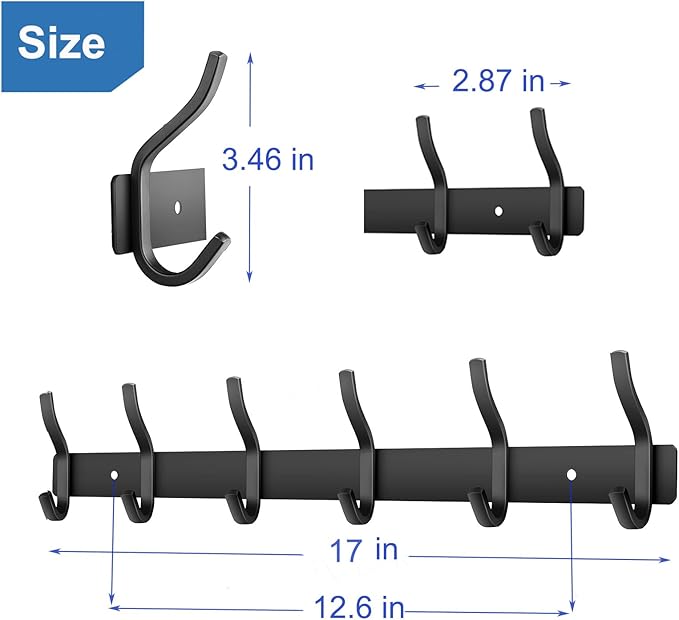HAMUTH Black Wall Hooks, 17 Inch Coat Rack Wall Mount with 6 Hooks, Wall Hooks Heavy Duty for Hanging Backpack, Bag, Purse, Clothes, Hat, Coat, Towel | Entryway & Bathroom Storage Organization Hanger