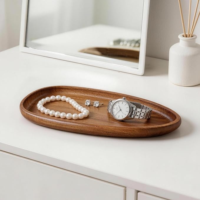 Acacia Wood Decorative Tray – Premium Craftsmanship Wooden Tray Irregular Handmade Catchall Plate for Keys, Candles, Coffee Table Décor & Entryway Organization-11.8 * 5.08 * 1.18 inch