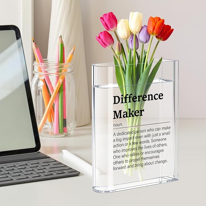 Difference Maker Bosses Day Gifts for Women Men Funny Office Decor for Women Wooden Acrylic Book Flower Vase National Boss Day Decorations Gifts for Leader HR Men Manager Office Bookshelf Desk Decor