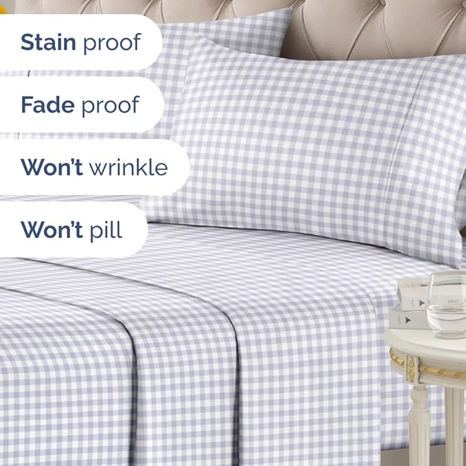 Grey Gingham Sheets - 1 Flat & 1 Fitted Sheet & 2 Pillowcases w/ Deep Pockets – Grid, Plaid, Checkered Pattern Bed Set - Wrinkle & Fade Resistant - Ultra-Soft, Breathable and Cooling - King Size