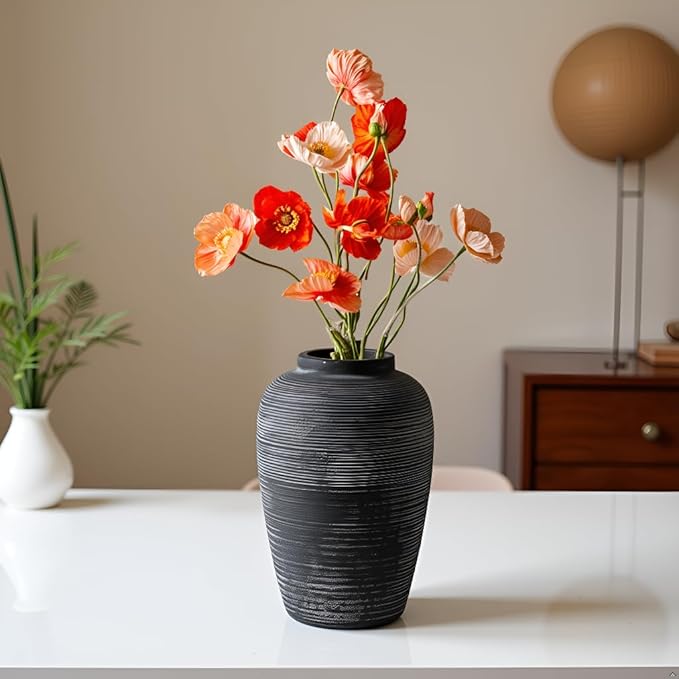 Large Ceramic Vase, 10.24 inch Minimalist Vase for Home Decor, Handmade Farmhouse Flower Vase for Table Centerpiece, Wedding, Living Room, Kitchen Decoration, Shelf Decor (Black)