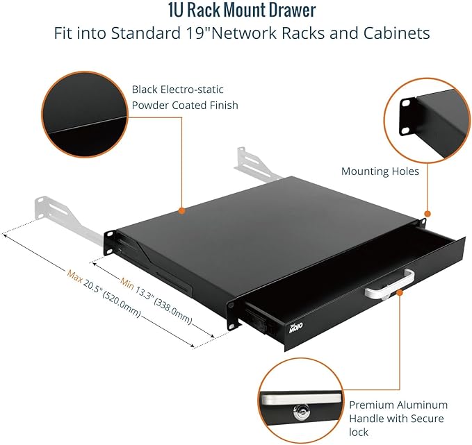 Tecmojo 1U Rack Drawer,Rack Mount Drawer for 19in Network Equipment/Server/AV Rack or Cabinet Enclosure,Sliding and Lockable Server Rack Drawer - Load-Bearing 22lb (10kg),with Cable Management Holes