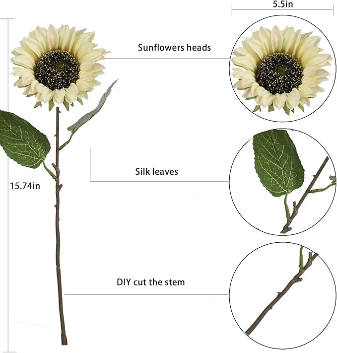 White Artificial Sunflower Flowers 8 Pcs Single Long Stem Silk Fake Sunflowers Bridal Wedding Bouquet Fake Yellow Flower Arrangements for Outdoor