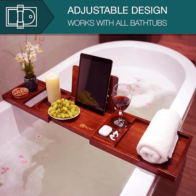 Bathtub Tray & Bath Tray for Tub – Expandable Bamboo Bath tub Tray, Bathtub Caddy, Adjustable Foldable Waterproof Bath Trays for tub with Phone, Wine Glass, Book & Tab Holder (Free Soap Dish)