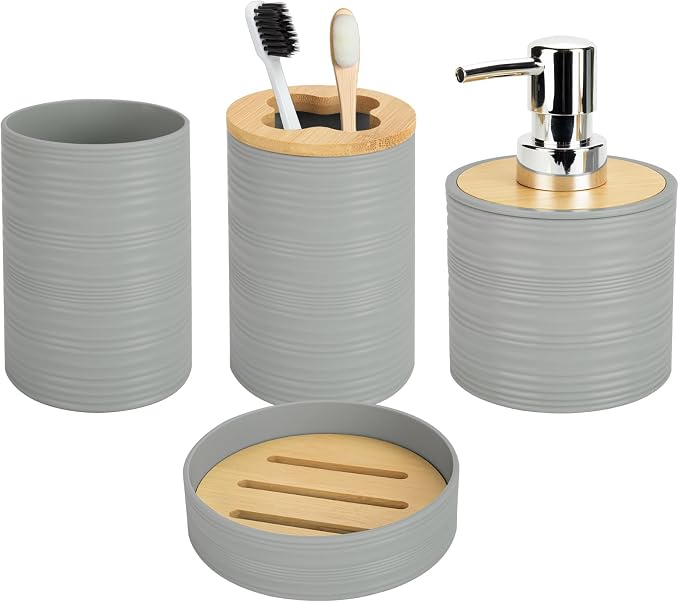 4 PCS Grey Bathroom Accessories Set, Includes a Soap Dispenser, Toothbrush Holder, Soap Dish and Mouthwash Cup, Plastics & Bamboo Bathroom Set, Bohemian Style Bathroom Sink Set