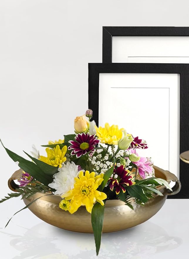 Serene Spaces Living Gold Handi Bowl: Hammered Texture, Decor for Living Rooms, Entryways, Restaurants, Indian Wedding. Table Centerpiece in Aluminum or Brass, Aluminum, 5" Tall & 15.5" Dia