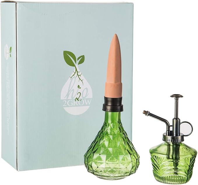 Glass Mini Watering Can Vintage Plant Mister Flower Water Spray Bottle and Faceted Glass Plant Watering Globe with Terracotta Spike, Plant Watering Gift Set,Green