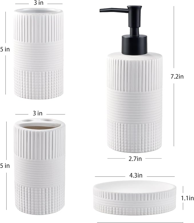 Bathroom Accessories Set of 4, Ceramic Bathroom Sets Complete-Toothbrush Holders, Soap Dispenser, Soap Dish, Toothbrush Cup, Modern Farmhouse Bathroom Decor, Bathroom Organizer for Countertop