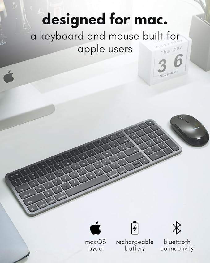 Macally Bluetooth Mac Keyboard and Mouse - Compact (2 Zone) Wireless Apple Keyboard and Mouse Combo with Number Pad - Multi Device, Rechargeable - for Mac, MacBook Pro/Air, iPad, iPhone - Space Black