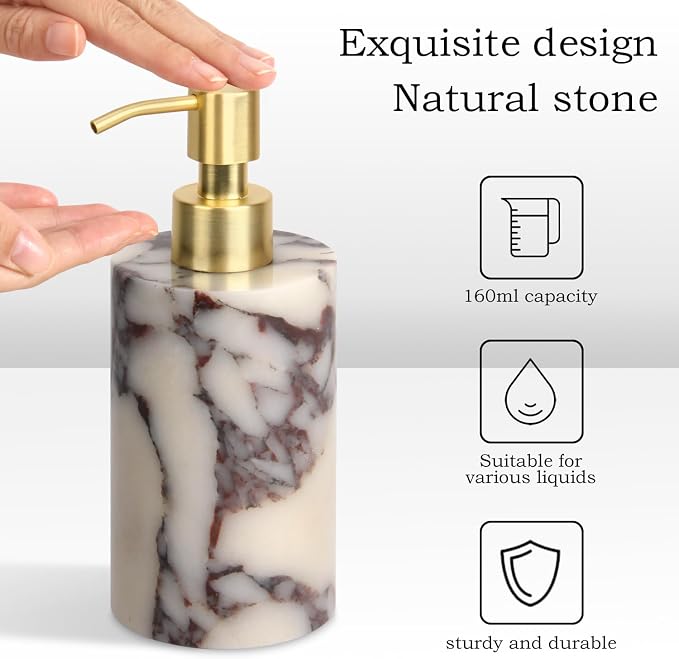 Natural Marble Soap Dispenser for Bathroom and Kitchen Countertop - 5.41 Ounces Hand Lotion and Liquid Stone Shampoo Laundry Bottle with Pump (1, Calacatta Viola, Cylindrical Bottle)