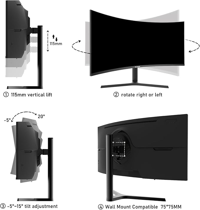 Gawfolk 34 Inch Ultrawide Curved 180Hz Gaming Computer Monitor 1000R PC screen 21:9 UWQHD (3440x1440) ,1ms,100%sRGB,Adaptive Sync,HDMI、Display Port,Liftable Stand,Wall Mount Compatible 75*75mm-Black