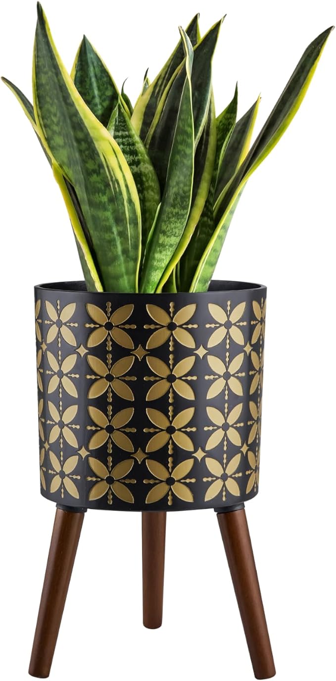 12 Inch Planter Pot with Stand, Planter for Indoor Plants, Drainage Holes and Rubber Plug, Modern Mid-Century Flower Planter Pot for Home Garden Patio, Black and Gold