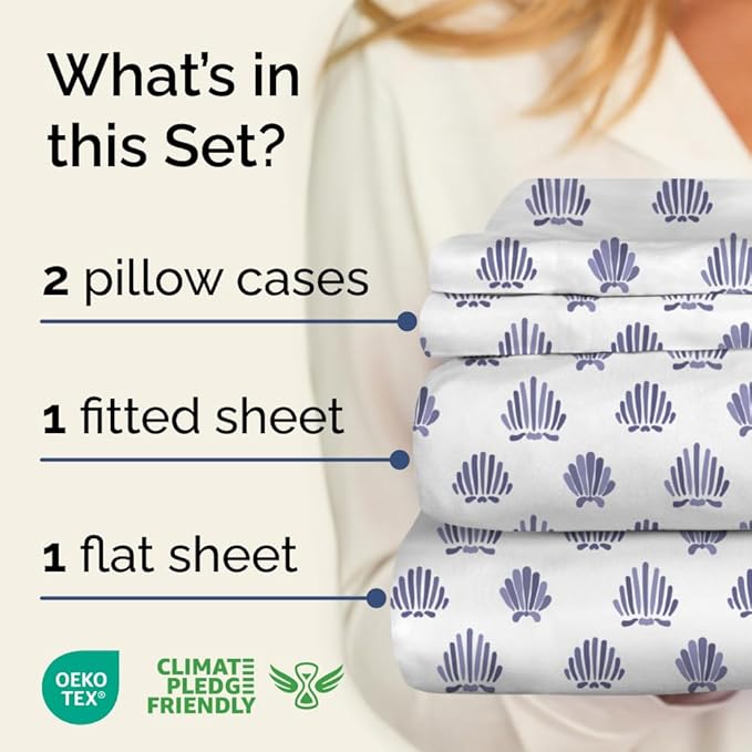Coastal Bed Sheets - 1 Flat & 1 Fitted Sheet & 2 Pillowcases w/ Deep Pockets - Wrinkle & Fade Free Beach Themed Bed Set - Blue Sea Shell Bedding - Ultra-Soft, Breathable and Cooling - King Size