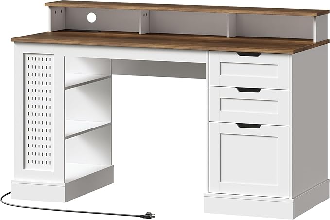 55inch Farmhouse Executive Desk with 2 Drawers and File Cabinet, Computer Desk with 3-Tier Storage Shelves, Home Office Desk with Charging Station, Pegboard and Monitor Shelf, White and Walnut