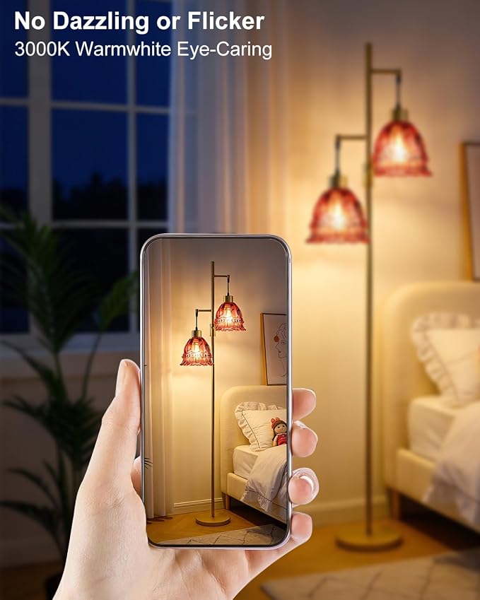 Lightdot 65IN Glass Floor Lamp for Living Room, 2- Light Gold Flower Floor Lamps with Rose Red Glass Lampshade,3000K Warm White Modern Standing Tall Lamp with 5Lbs Heavy Base for Bedroom Corner