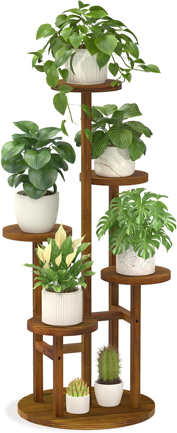 LASZOLA 5 Tiered Wood Plant Stand Indoor Corner, Flower Holder Rack Tall for Multiple Plants, Rustic Planter Shelf Display for Patio Garden Balcony Living Room