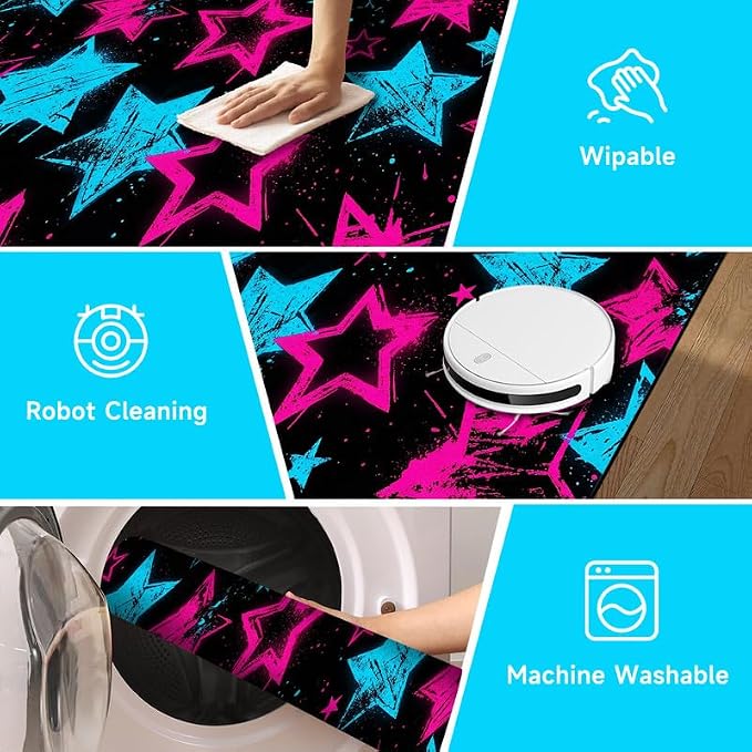 6'x9' Neon Star Area Rug Black Pink and Blue Floor Mat Abstract Star Print Rugs Washable Non-Slip Carpet for Bedroom Living Room Nursery Kitchen Playroom Home Decor