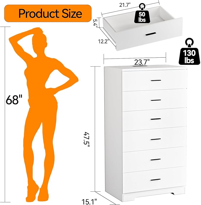 48" Tall Dresser for Bedroom Chest of Drawers with Power Outlets Wood 6 Drawers Dresser with Large Storage Space and Metal Handles Modern Closet Storage Drawer for Living Room Hallway White