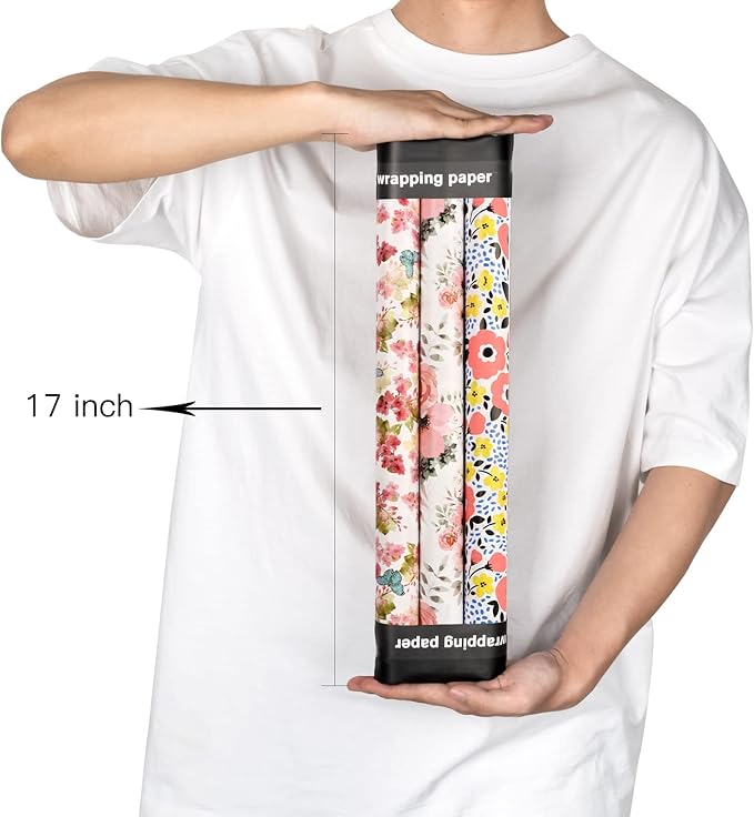 MAYPLUSS Floral Wrapping Paper Roll - 17x120 Inch, 3 Rolls - Multi-purpose, Perfect for Gift Wrap, Wedding, Birthday, Mother's Day
