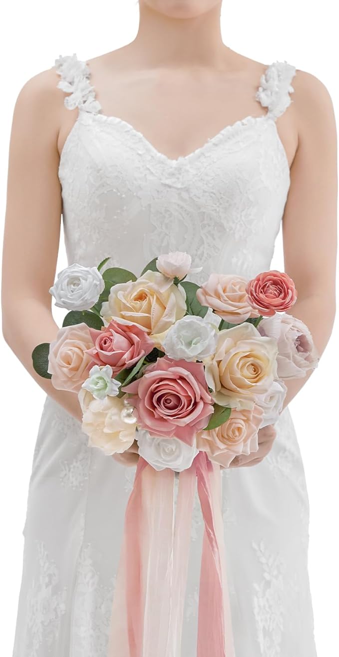 TINGE TIME 9 inch Bridal Bouquets for Bride, Artificial Silk Flowers Tossing Bouquet, Bride Bouquets for Wedding, Ceremony, Anniversary (Champange&Pink)